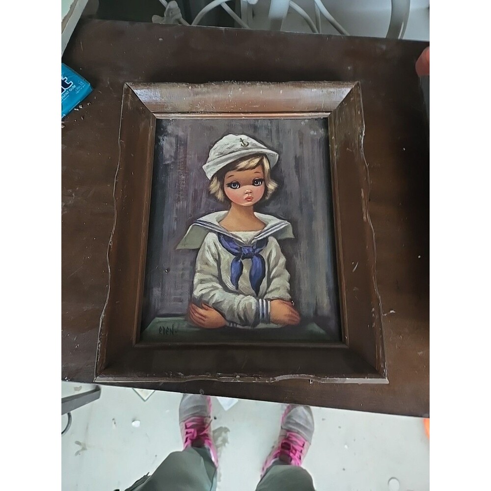 Vintage Sailor Girl by Eden 8x10 litho print w frame 1960s Big Eyes moppet #362